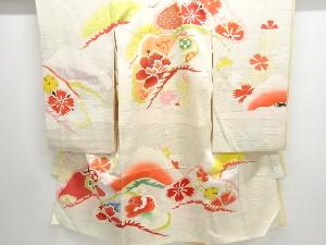 アンティーク　絽 笠松に花模様刺繍着物(長襦袢・内袖付き)